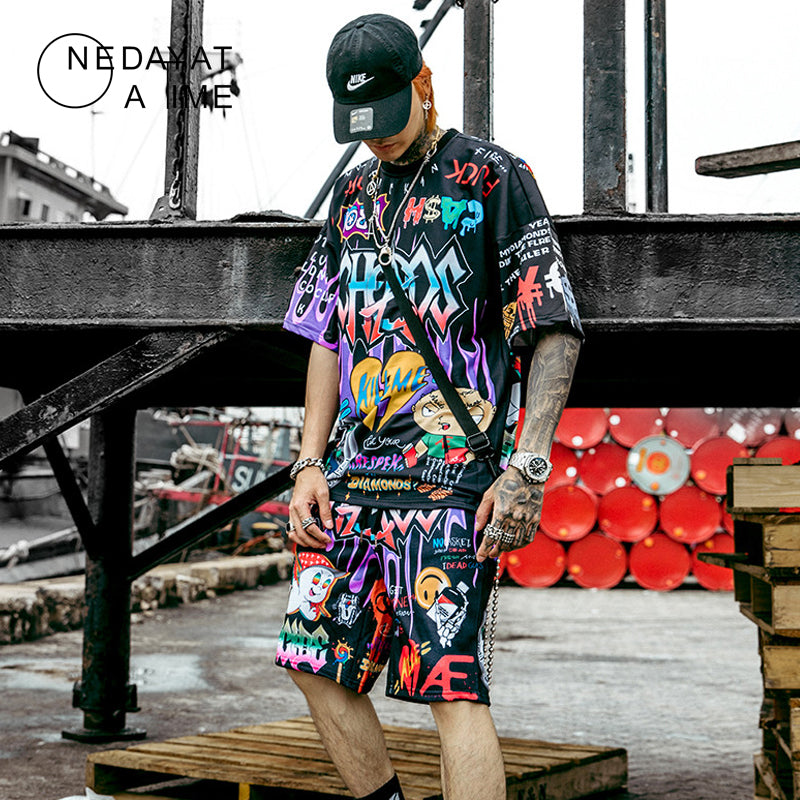 Men 2021 Summer Hip Hop Jogger Shorts Streetwear Graffiti Print