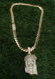 Gold plated Miami Cuban Link 12mm Chain CZ Diamond lock and Jesus piece