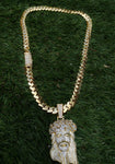 Gold plated Miami Cuban Link 12mm Chain CZ Diamond lock and Jesus piece