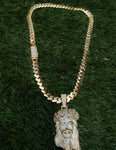 Gold plated Miami Cuban Link 12mm Chain CZ Diamond lock and Jesus piece