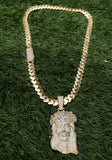 Gold plated Miami Cuban Link 12mm Chain CZ Diamond lock and Jesus piece