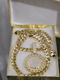 14k Gold plated Miami Cuban Link 12mm Chain CZ Diamond lock and pendant