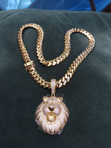 14k Gold plated Miami Cuban Link 12mm Chain and CZ Diamond Lion 🦁 pendant