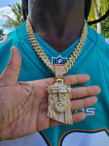 14k gold plated Iced out 12mm Cuban link Chain and Iced out Jesus Pendant