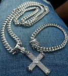 8mm White Gold Plated Cuban link Chain Pendant and Bracelet Set