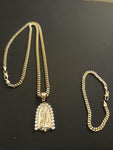 14k Gold Filled 3mm Cuban Link Chain Bracelet and Pendant Set