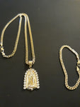 14k Gold Filled 3mm Cuban Link Chain Bracelet and Pendant Set