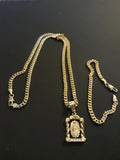 14k Gold Filled 3mm Cuban Link Chain Bracelet and Pendant Set