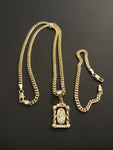 14k Gold Filled 3mm Cuban Link Chain Bracelet and Pendant Set