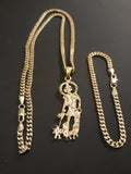 14k Gold Filled 3mm Cuban Link Chain Bracelet and Pendant Set