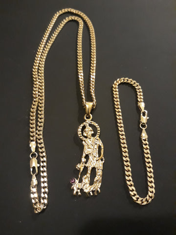 14k Gold Filled 3mm Cuban Link Chain Bracelet and Pendant Set