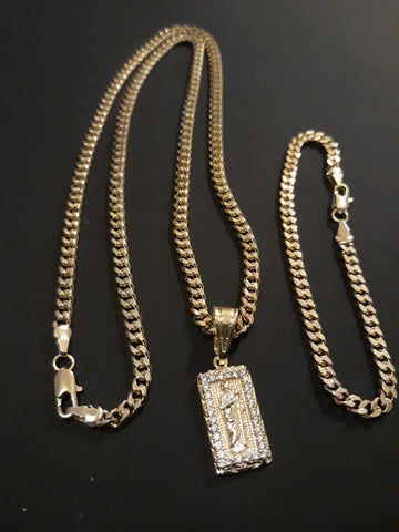 14k Gold Filled 3mm Cuban Link Chain Bracelet and Pendant Set