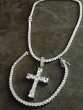 14k Ice out White Gold filled 20inch Tennis Chain Bracelet and Cross Charm set