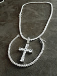 14k Ice out White Gold filled 20inch Tennis Chain Bracelet and Cross Charm set