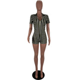 Sexy Short Sleeve Striped Skinny Short Jumpsuit V Neck One Piece Romper