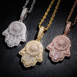 18K Gold Plated Bling CZ Simulated Diamond Iced Out Hand of Fatima Pendant Necklace Chain