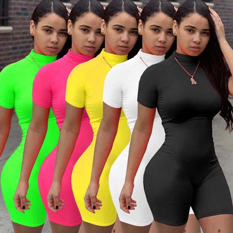 Womens Fitness Streetwear Bodysuit Mock Neck Short Sleeve Casual Outfit