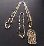 14k Gold Filled 3mm Cuban Link Chain Bracelet and Pendant Set