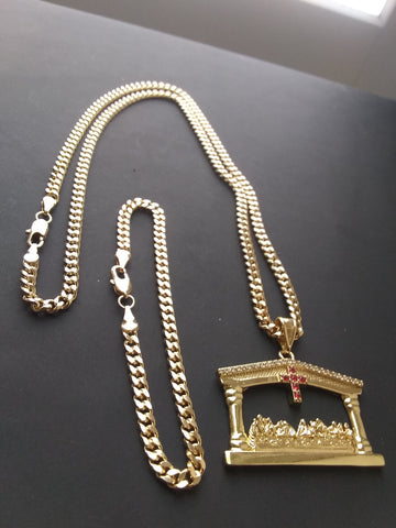 14k Gold Filled 3mm Cuban Link Chain Bracelet and Pendant Set