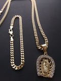 14k Gold Filled 3mm Cuban Link Chain Bracelet and Pendant Set