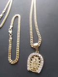 14k Gold Filled 3mm Cuban Link Chain Bracelet and Pendant Set