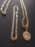 14k Gold Filled 3mm Cuban Link Chain Bracelet and Pendant Set