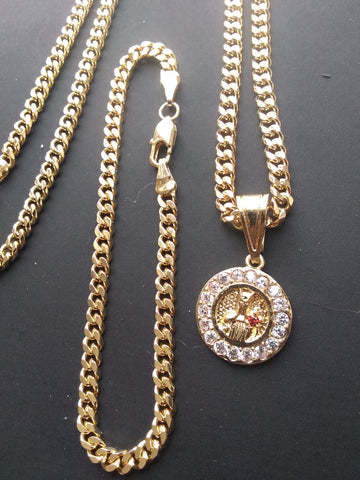 14k Gold Filled 3mm Cuban Link Chain Bracelet and Pendant Set