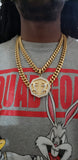 (Double Up Layer) 14k Gold Plated Cuban Link 2 Chains 12mm 22inch, 26inch  and Pendant Set