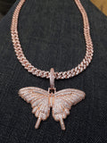 (IM ICEY) Women cool iced out Sparking Bling 14k Rose gold Plated  AAA CZ Butterfly Pendant and 6mm Iced Out Cuban link Necklace