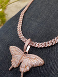 (IM ICEY) Women cool iced out Sparking Bling 14k Rose gold Plated  AAA CZ Butterfly Pendant and 6mm Iced Out Cuban link Necklace