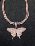 (IM ICEY) Women cool iced out Sparking Bling 14k Rose gold Plated  AAA CZ Butterfly Pendant and 6mm Iced Out Cuban link Necklace