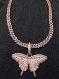 (IM ICEY) Women cool iced out Sparking Bling 14k Rose gold Plated  AAA CZ Butterfly Pendant and 6mm Iced Out Cuban link Necklace