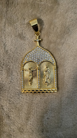 14k gold plated Virgin Mary and cross pendant