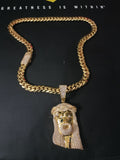 Gold plated Miami Cuban Link 15mm Chain CZ Diamond lock and Jesus piece