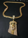 Gold plated Miami Cuban Link 15mm Chain CZ Diamond lock and Jesus piece