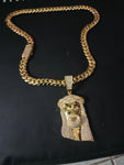 Gold plated Miami Cuban Link 15mm Chain CZ Diamond lock and Jesus piece