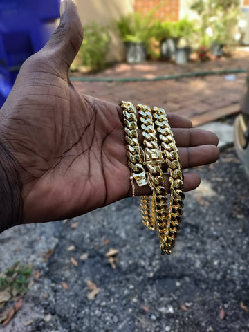 14k gold-plated 12mm Flat Cuban link chain and bracelet set