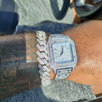 14k white gold plated iced out prong bracelet and iced out watch