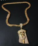 Gold plated Miami Cuban Link 15mm Chain CZ Diamond lock and Jesus piece