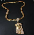 Gold plated Miami Cuban Link 15mm Chain CZ Diamond lock and Jesus piece