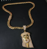 Gold plated Miami Cuban Link 15mm Chain CZ Diamond lock and Jesus piece